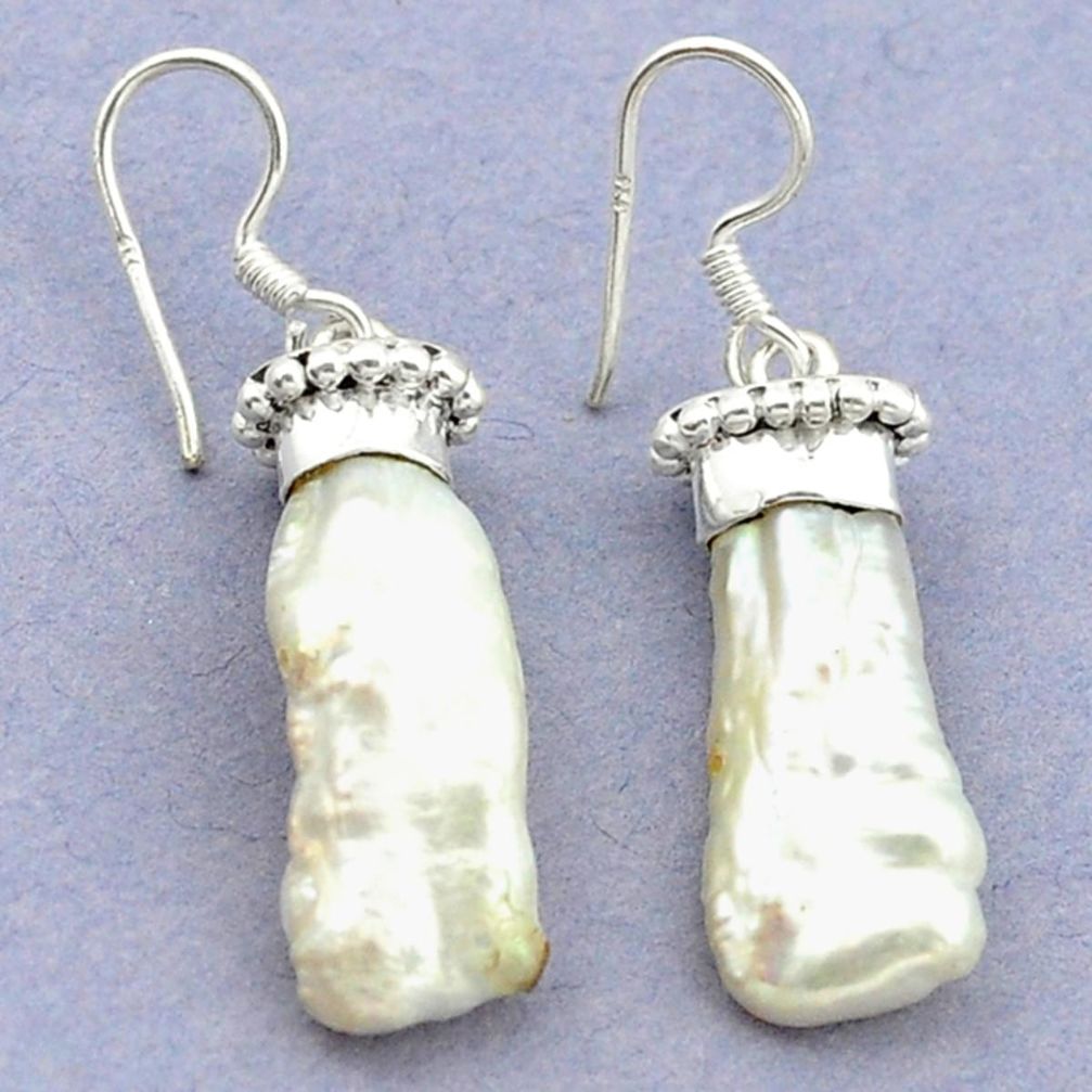 Natural white biwa pearl 925 sterling silver dangle earrings jewelry d15876