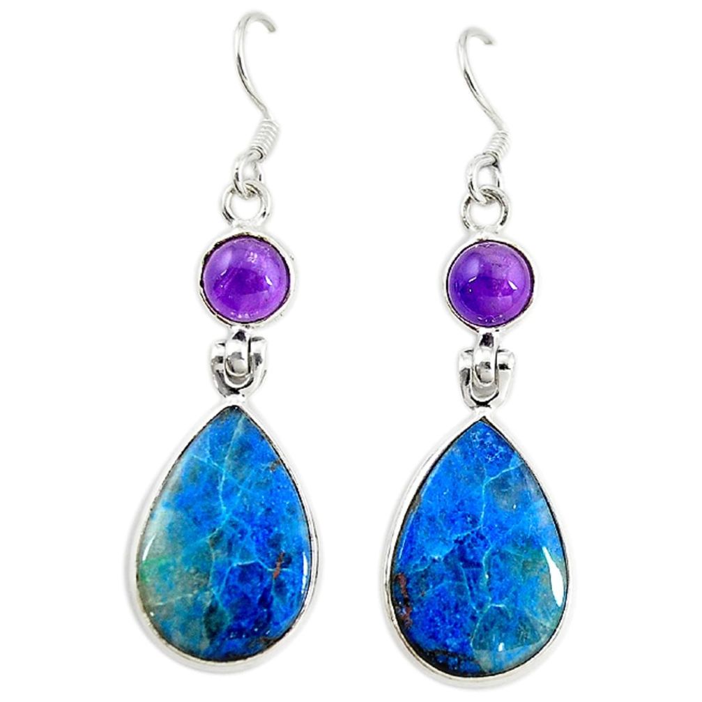 Natural blue shattuckite purple amethyst 925 silver dangle earrings d16552
