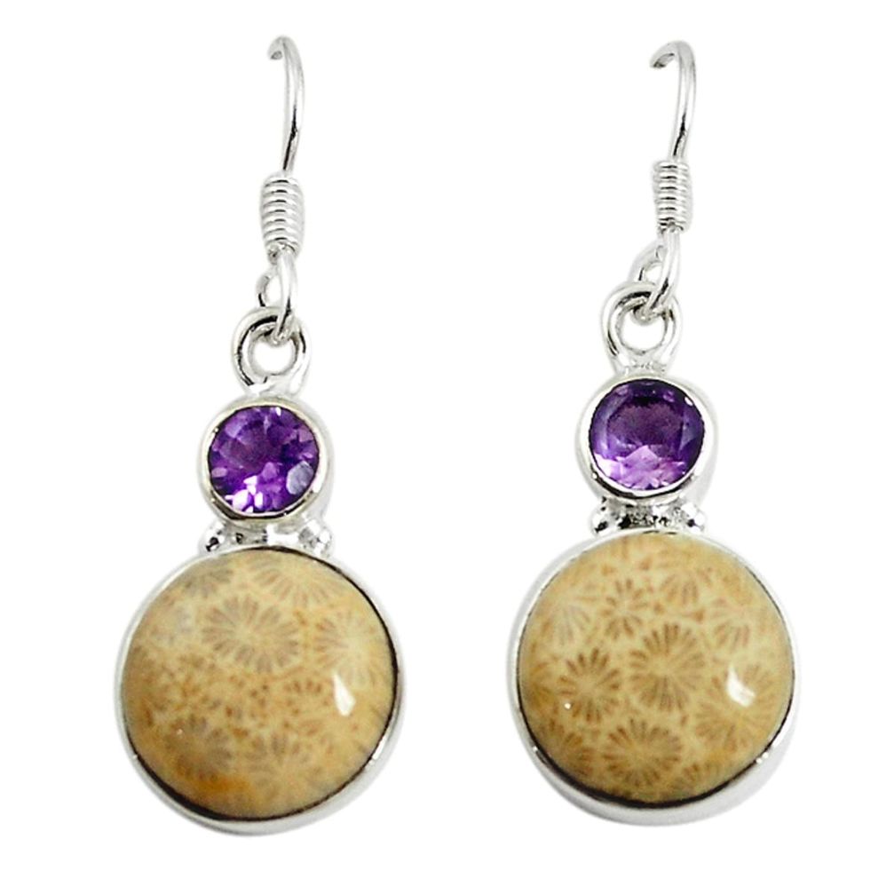 Yellow fossil coral (agatized) petoskey stone 925 silver dangle earrings d17371