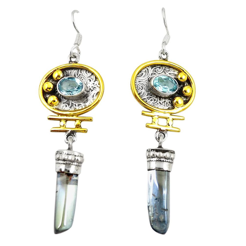 Blue aura quartz (arkansas) 925 silver two tone dangle earrings d22186