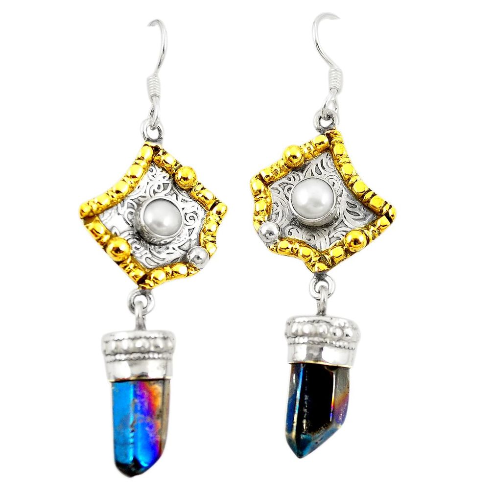 Titanium aura quartz (arkansas) 925 silver two tone dangle earrings d22191