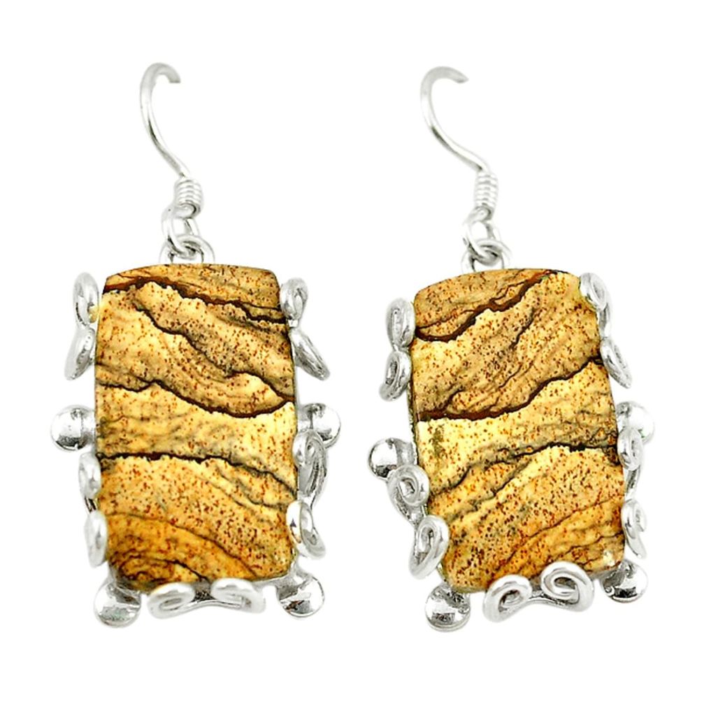 Natural brown picture jasper 925 sterling silver dangle earrings d2394