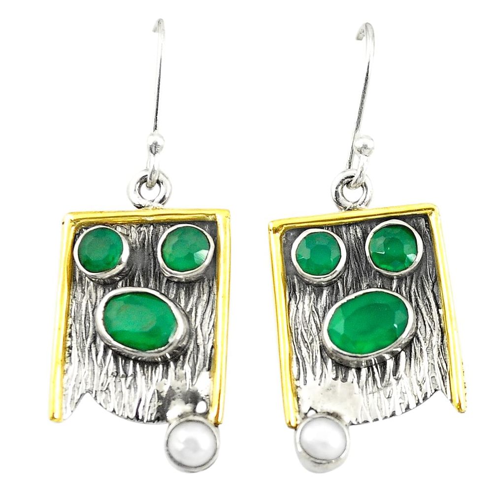 Victorian natural green chalcedony 925 silver two tone dangle earrings d25261