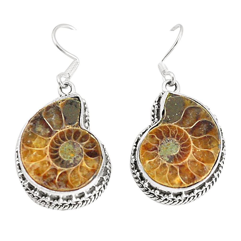 Natural brown ammonite fossil 925 silver dangle earrings jewelry d25679