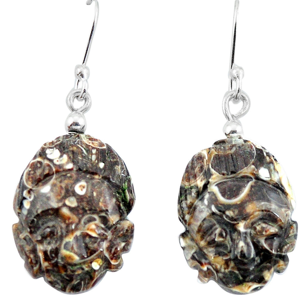 Brown turritella fossil snail agate 925 silver buddha charm earrings d29469