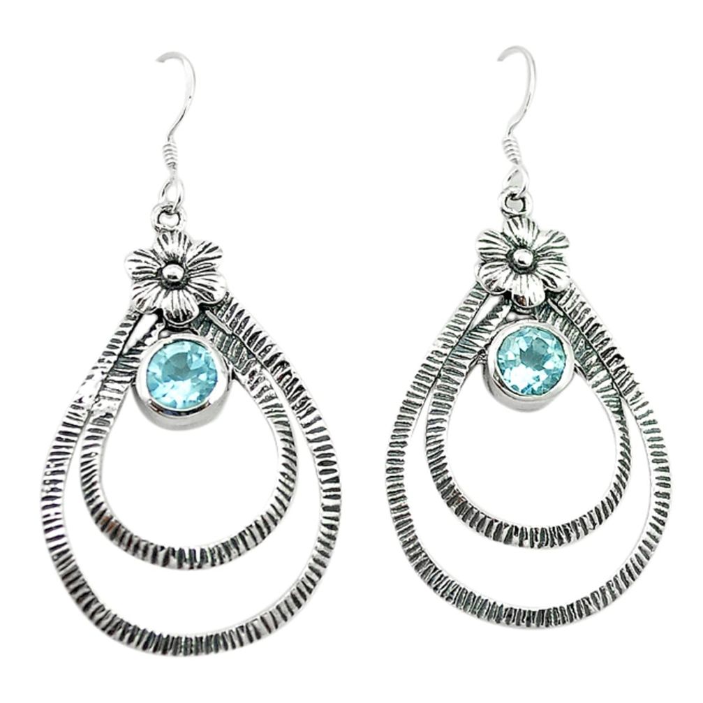 Natural blue topaz 925 sterling silver flower earrings jewelry d4698