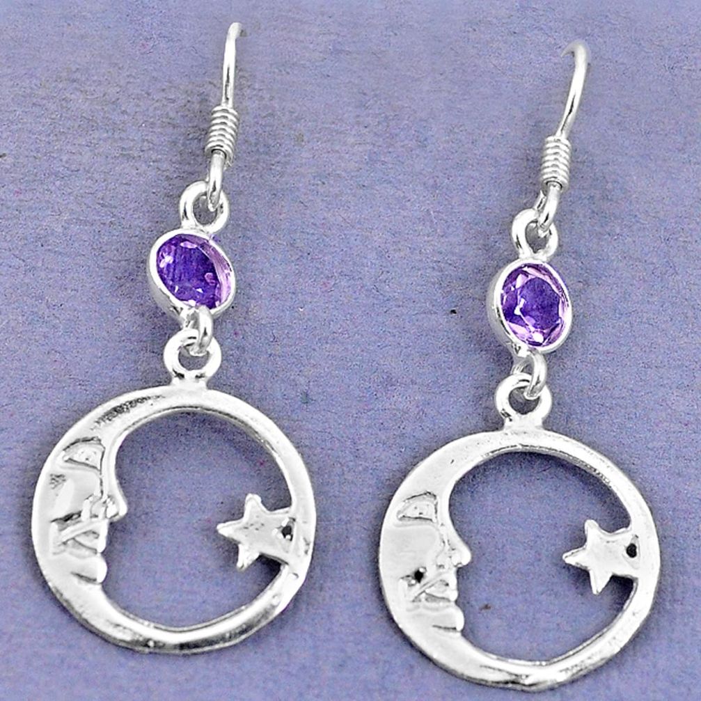 Natural purple amethyst 925 silver crescent moon star earrings d9383