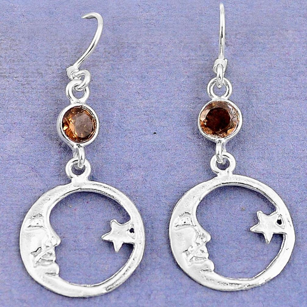 Brown smoky topaz 925 sterling silver crescent moon star earrings d9386