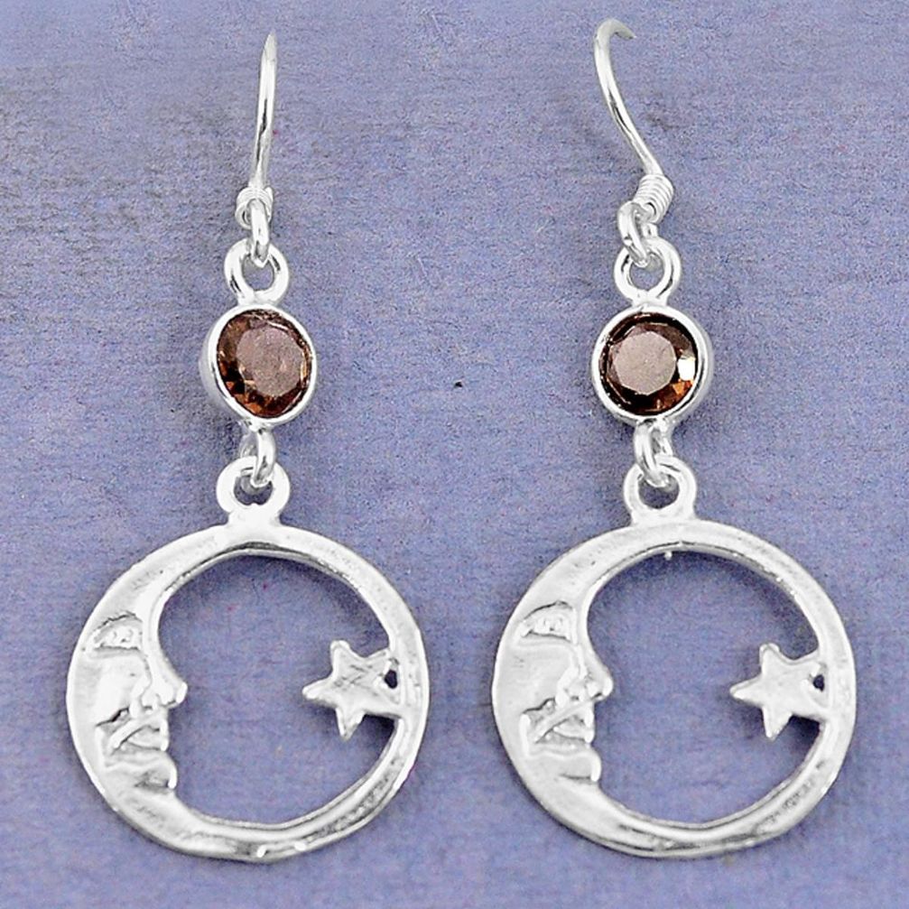 Brown smoky topaz 925 sterling silver crescent moon star earrings d9392