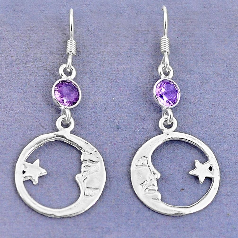 Natural purple amethyst 925 silver crescent moon star earrings d9398