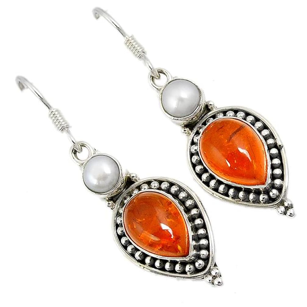 Orange amber white pearl 925 sterling silver dangle earrings jewelry j21512