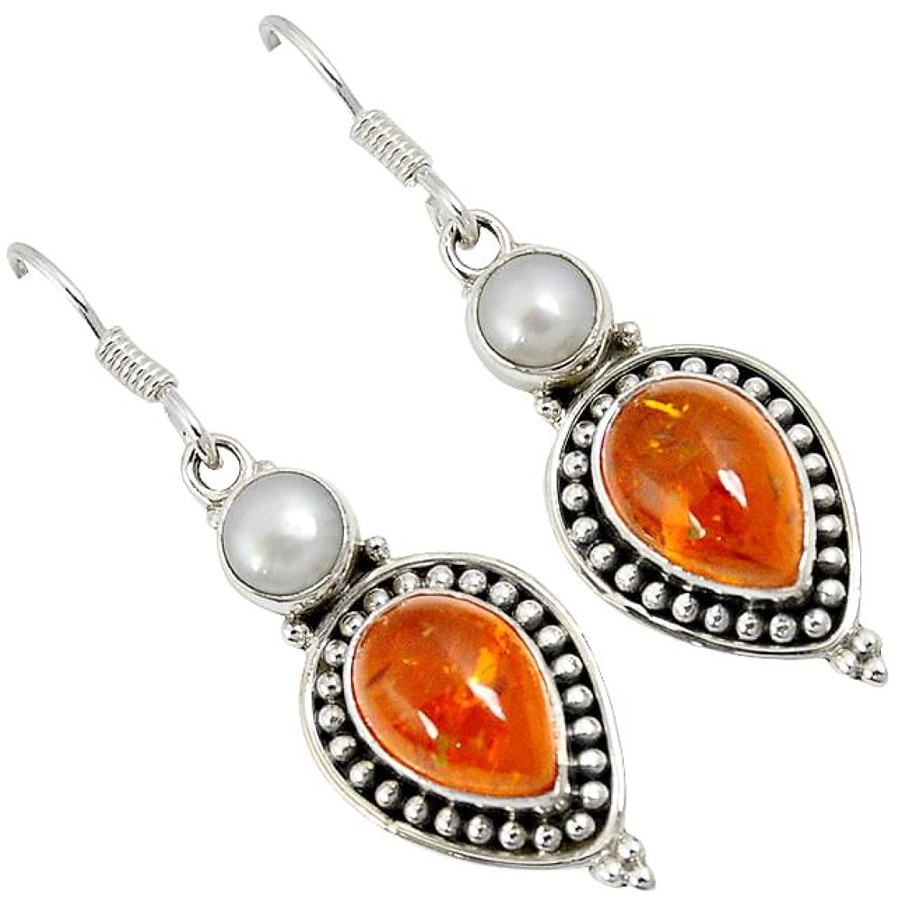 Orange amber white pearl 925 sterling silver dangle earrings jewelry j21521