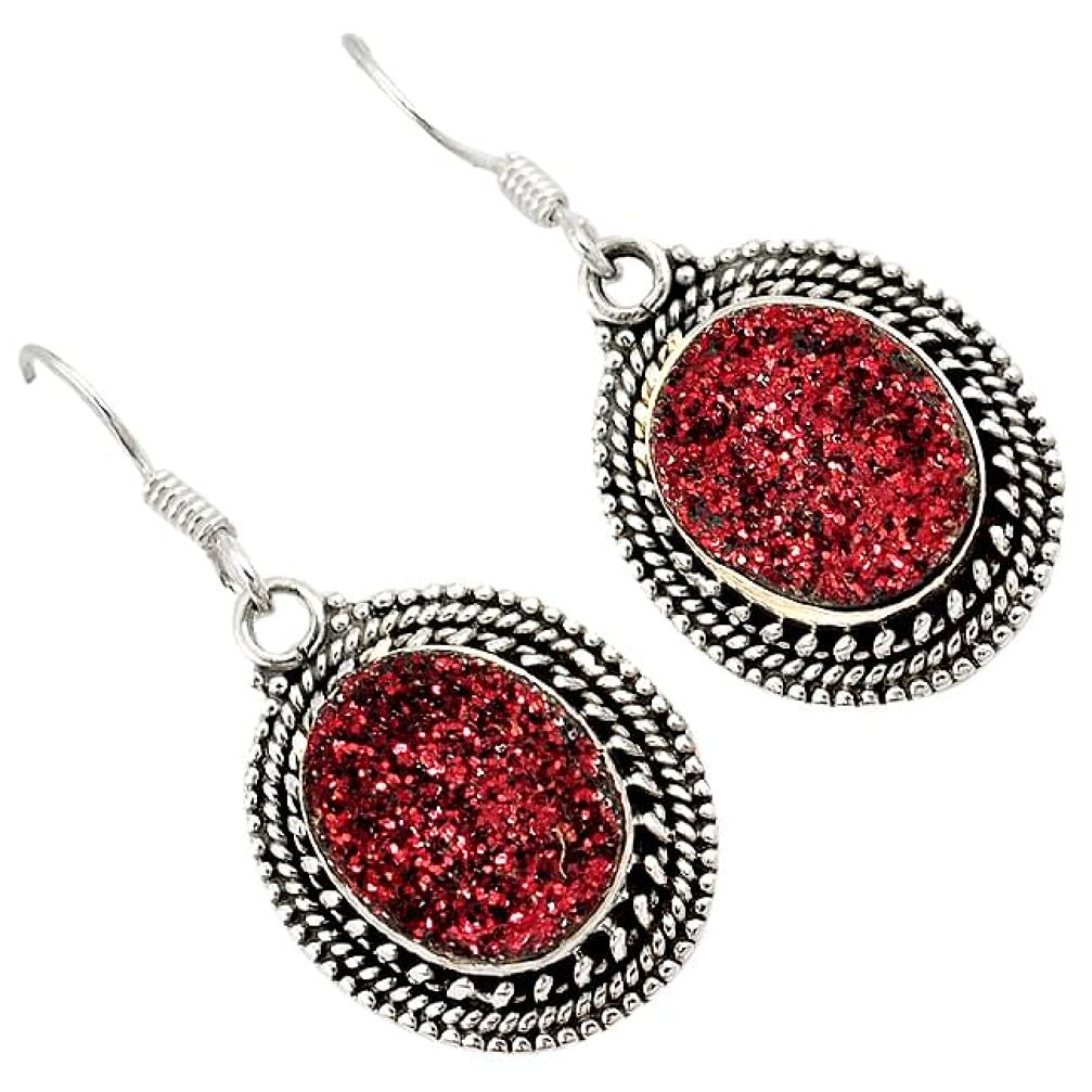 Red druzy oval shape 925 sterling silver dangle earrings jewelry j23282