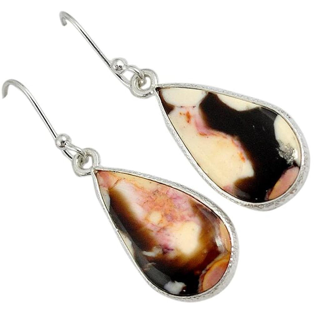 Natural brown peanut petrified wood fossil 925 silver dangle earrings j24740