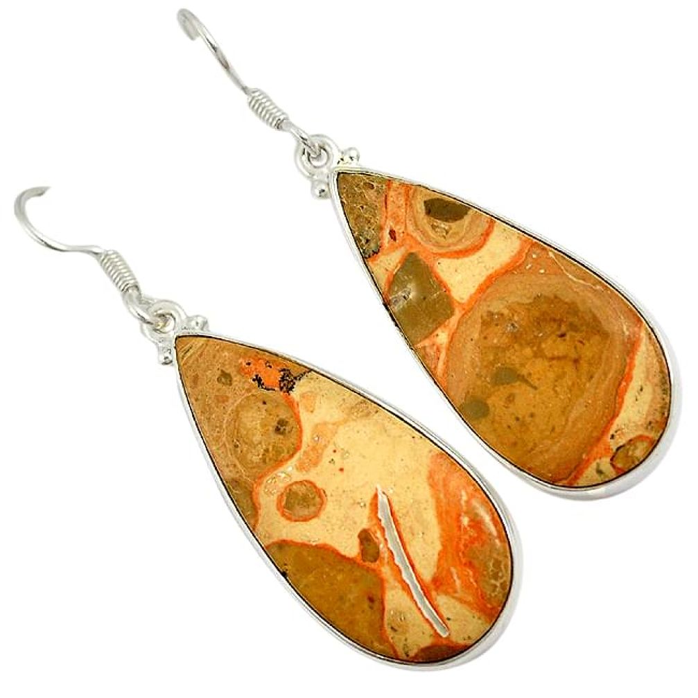 Natural yellow crinoid fossil pear cab 925 silver dangle earrings jewelry j24784