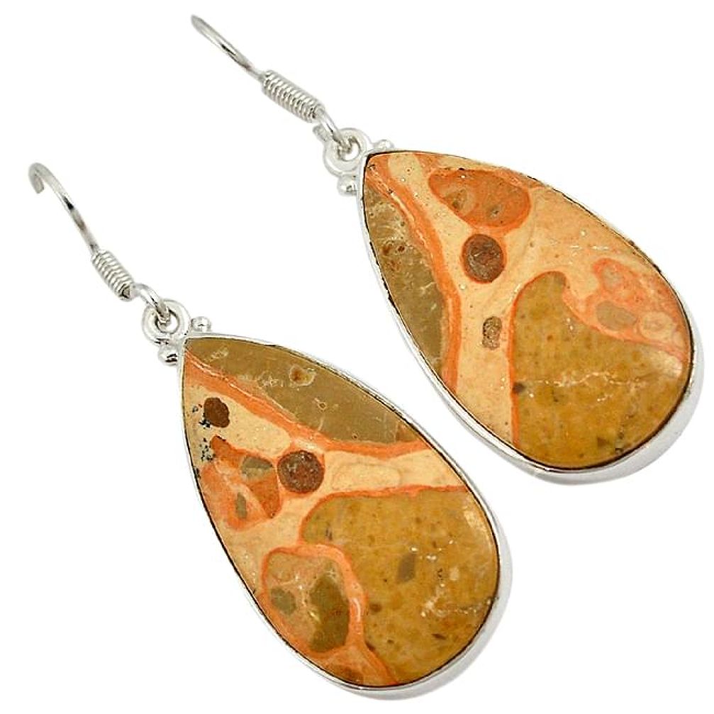 Natural yellow crinoid fossil 925 sterling silver dangle earrings jewelry j24792