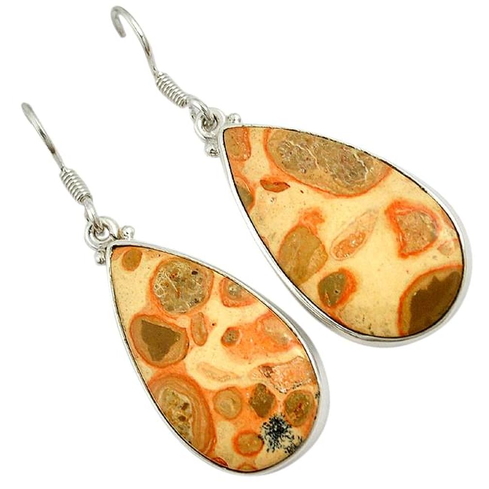 Natural yellow crinoid fossil pear shape 925 silver dangle earrings j24799