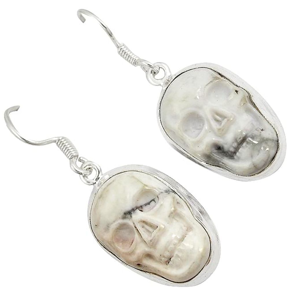 Natural white howlite 925 sterling silver skull dangle earrings jewelry j24974