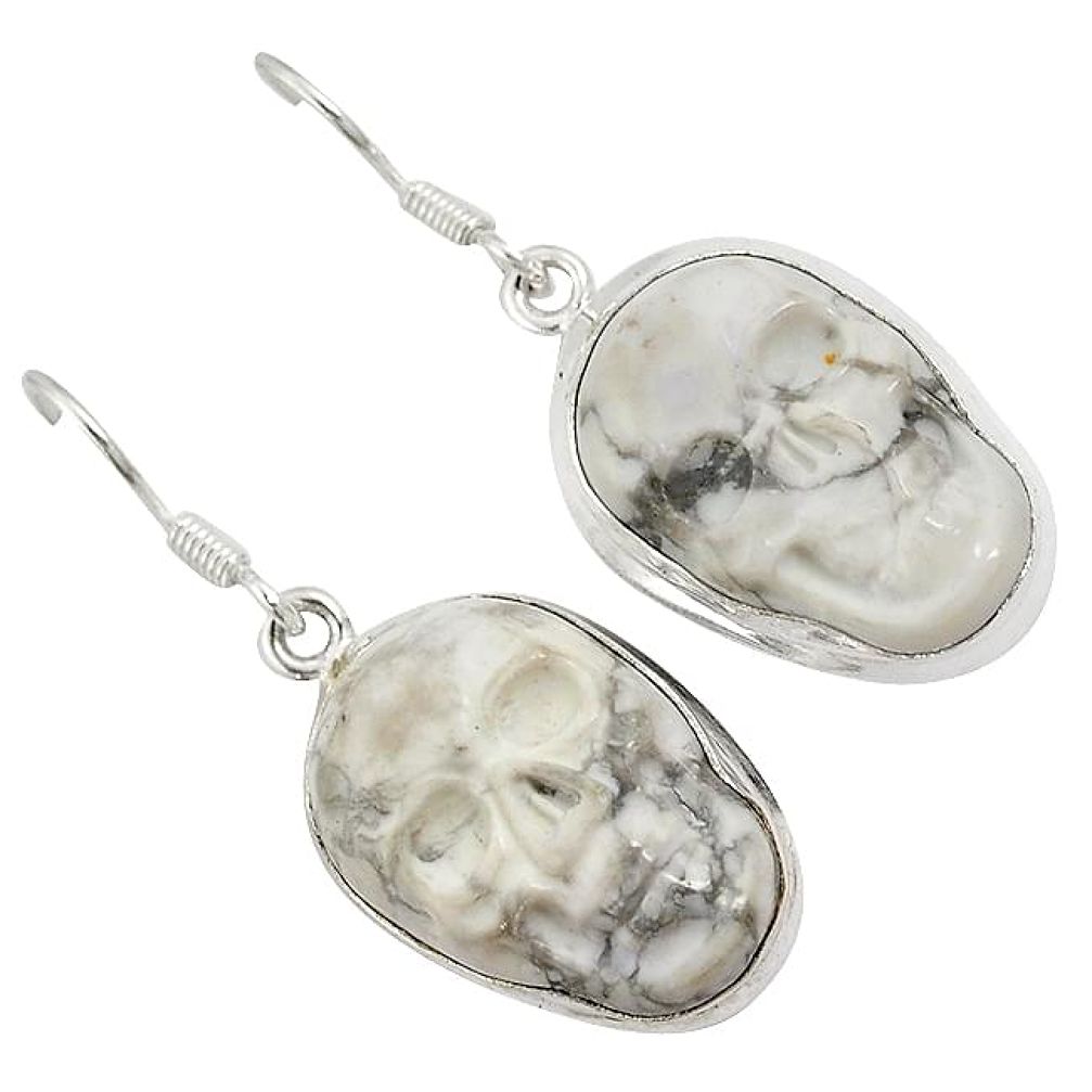 Natural white howlite 925 sterling silver skull dangle earrings jewelry j24976