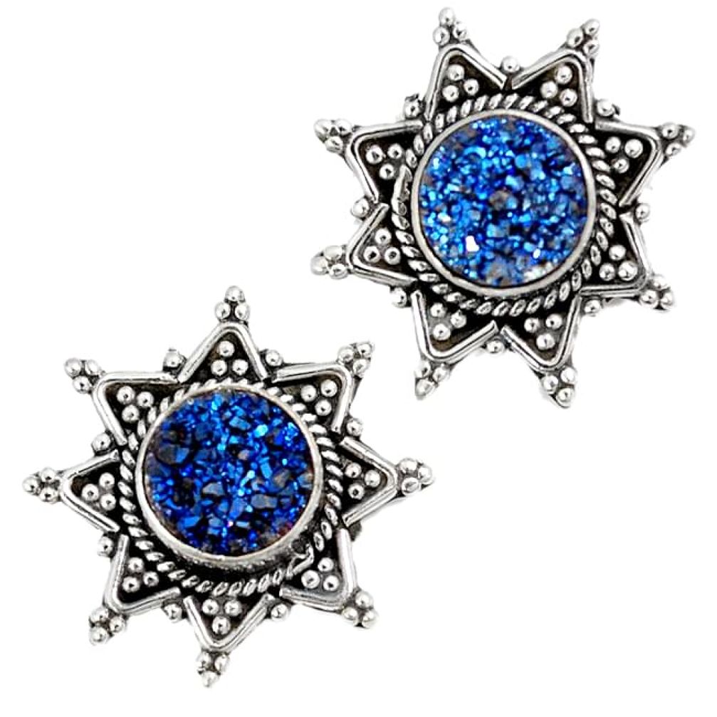 Blue titanium druzy 925 sterling silver stud earrings jewelry j25741