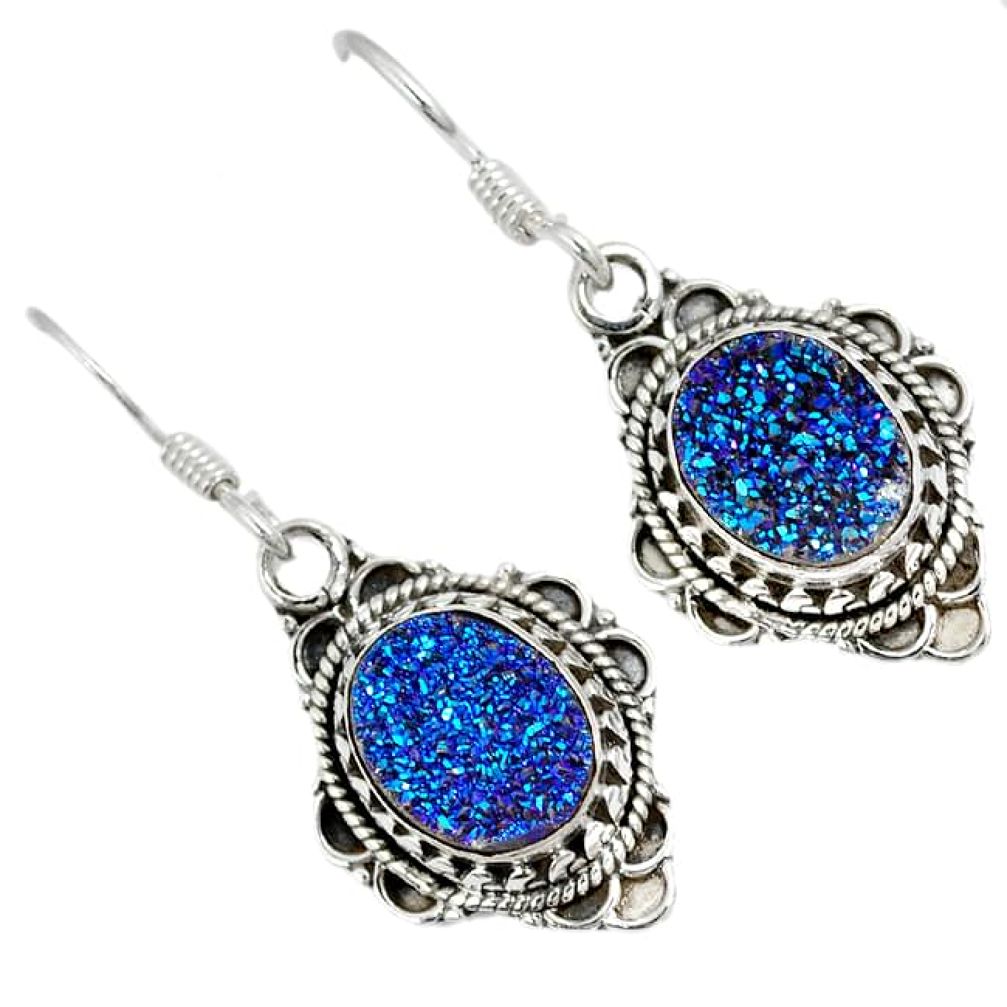 Blue titanium druzy oval 925 sterling silver dangle earrings jewelry j25743