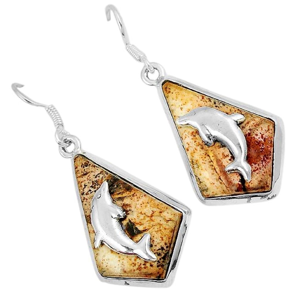 Natural brown picture jasper 925 silver dolphin earrings jewelry j30794