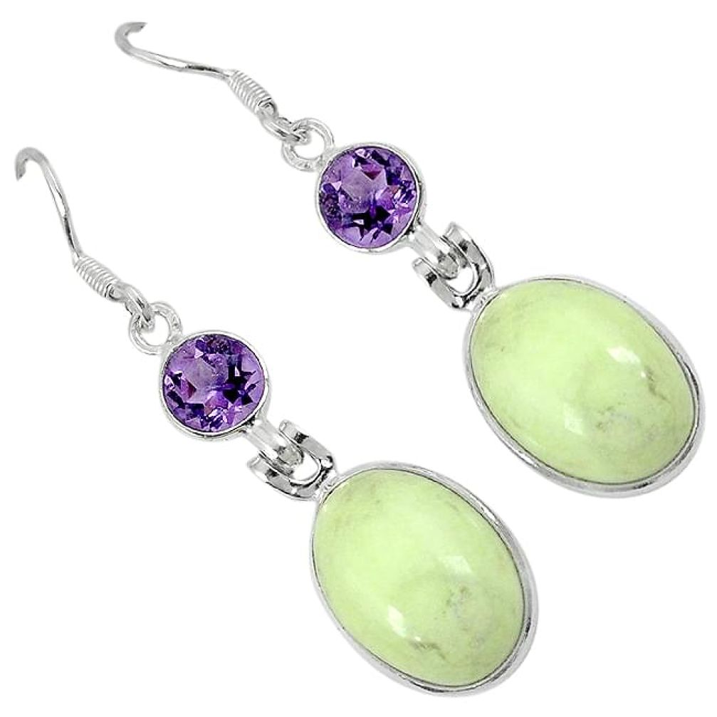 Natural green chrysoprase purple amethyst 925 silver dangle earrings j30937