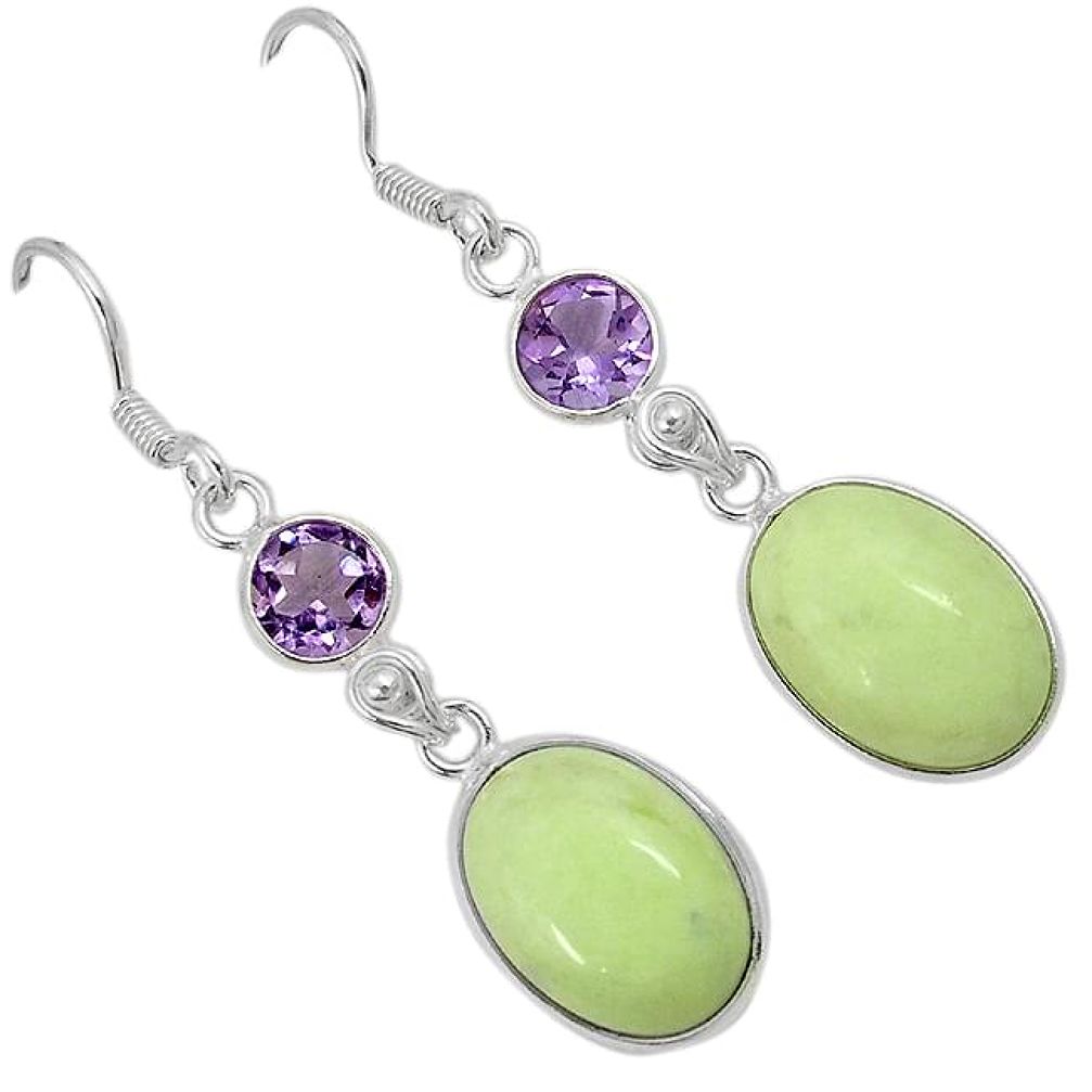 Natural lemon chrysoprase purple amethyst 925 silver dangle earrings j42145
