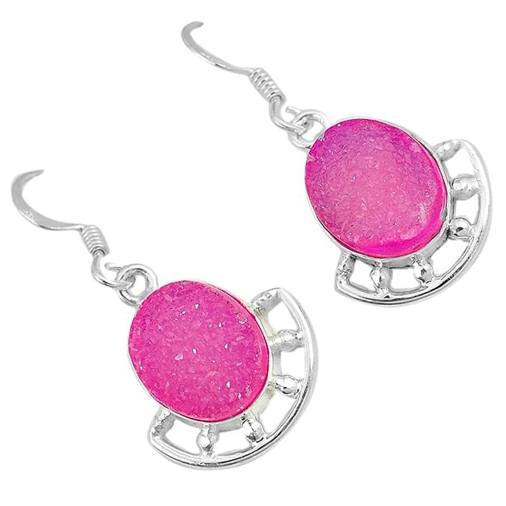 Pink druzy oval shape 925 sterling silver dangle earrings jewelry j42591