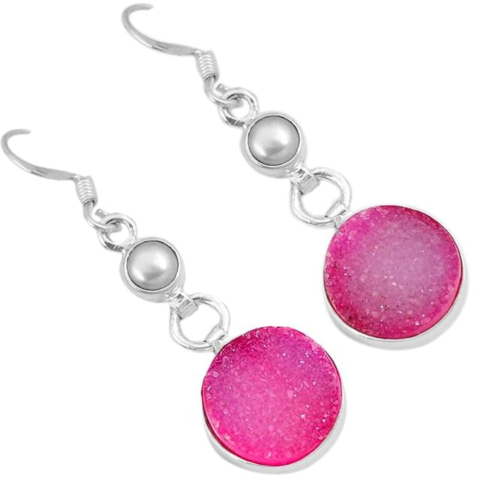 Pink druzy pearl 925 sterling silver dangle earrings jewelry j42625