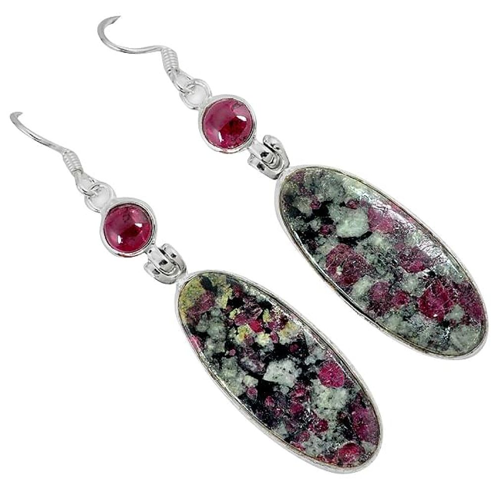 Natural pink eudialyte red garnet 925 silver dangle earrings jewelry j46187