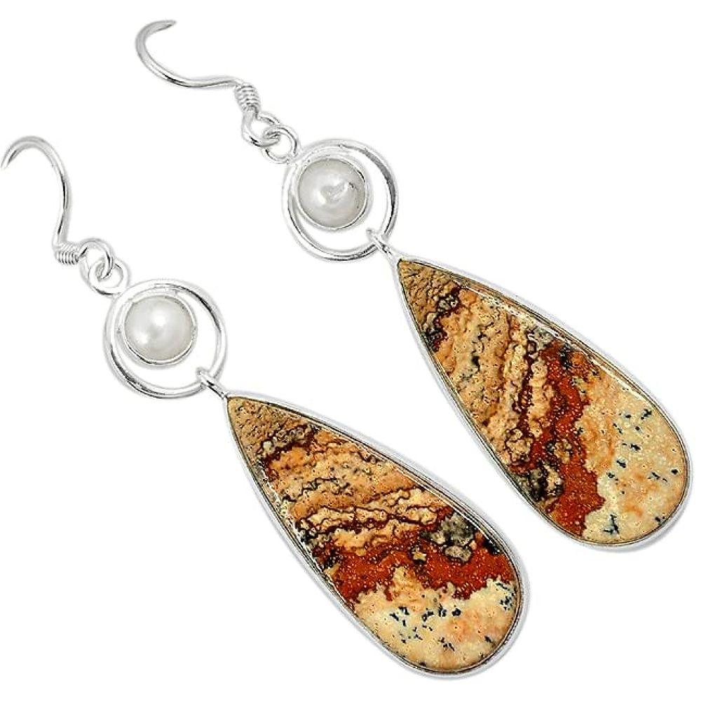 Natural brown picture jasper pearl 925 silver dangle earrings jewelry k10862