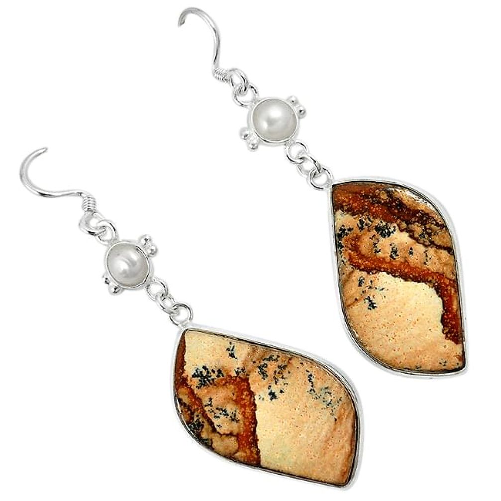 Natural brown picture jasper white pearl 925 silver dangle earrings k10863