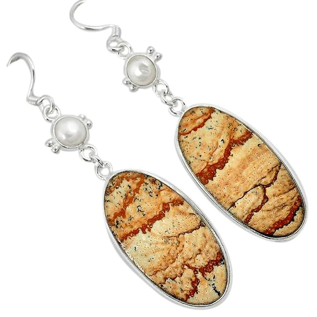 Natural brown picture jasper pearl 925 silver dangle earrings jewelry k10864