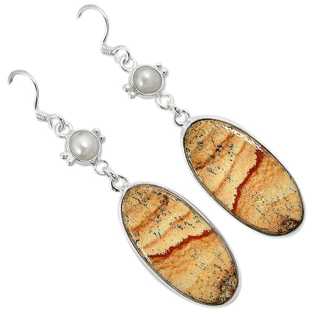 Natural brown picture jasper white pearl 925 silver dangle earrings k10867