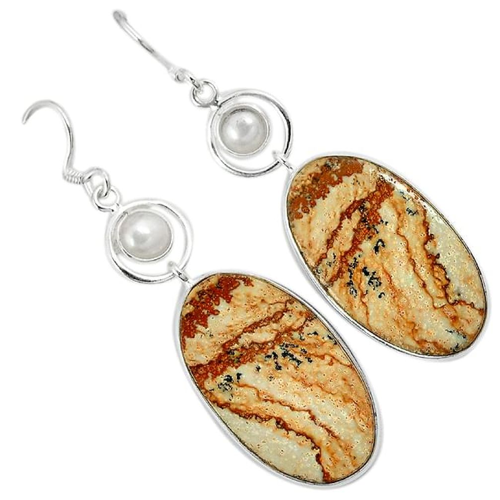 Natural brown picture jasper pearl 925 silver dangle earrings jewelry k10869