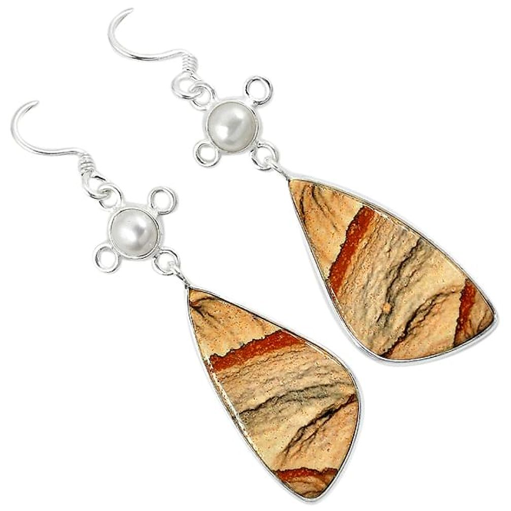 Natural brown picture jasper pearl 925 silver dangle earrings jewelry k10871