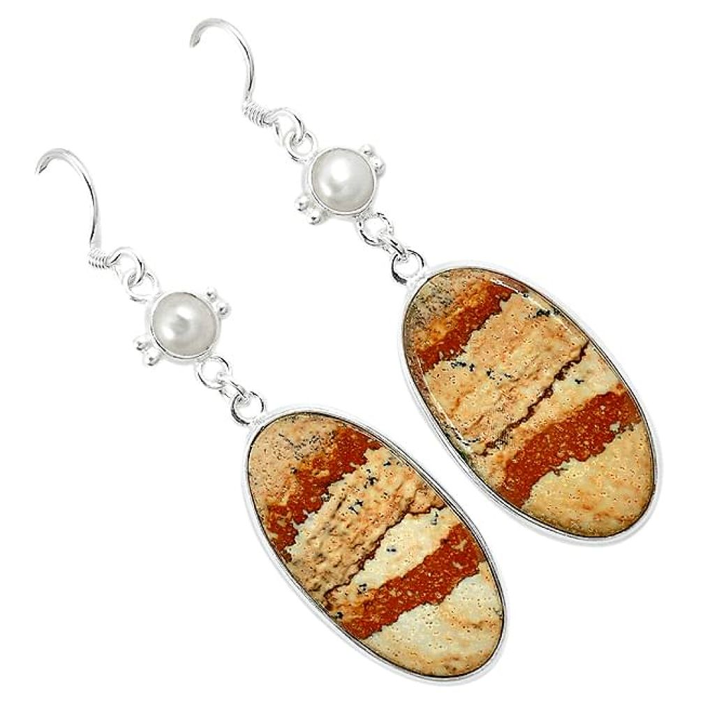 Natural brown picture jasper pearl 925 silver dangle earrings jewelry k10874