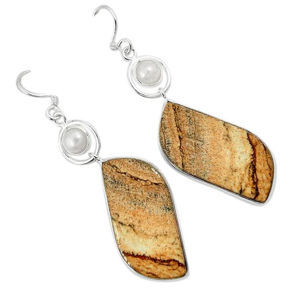 Natural brown picture jasper pearl 925 silver dangle earrings jewelry k10875