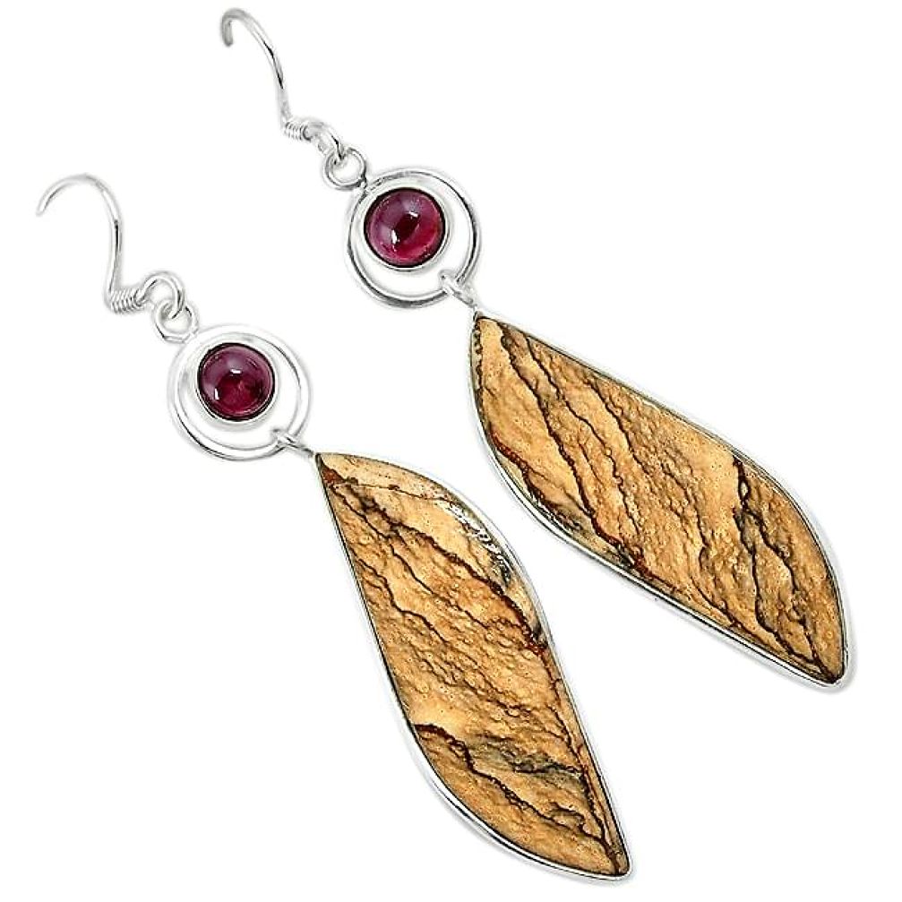 Natural brown picture jasper garnet 925 silver dangle earrings jewelry k10876