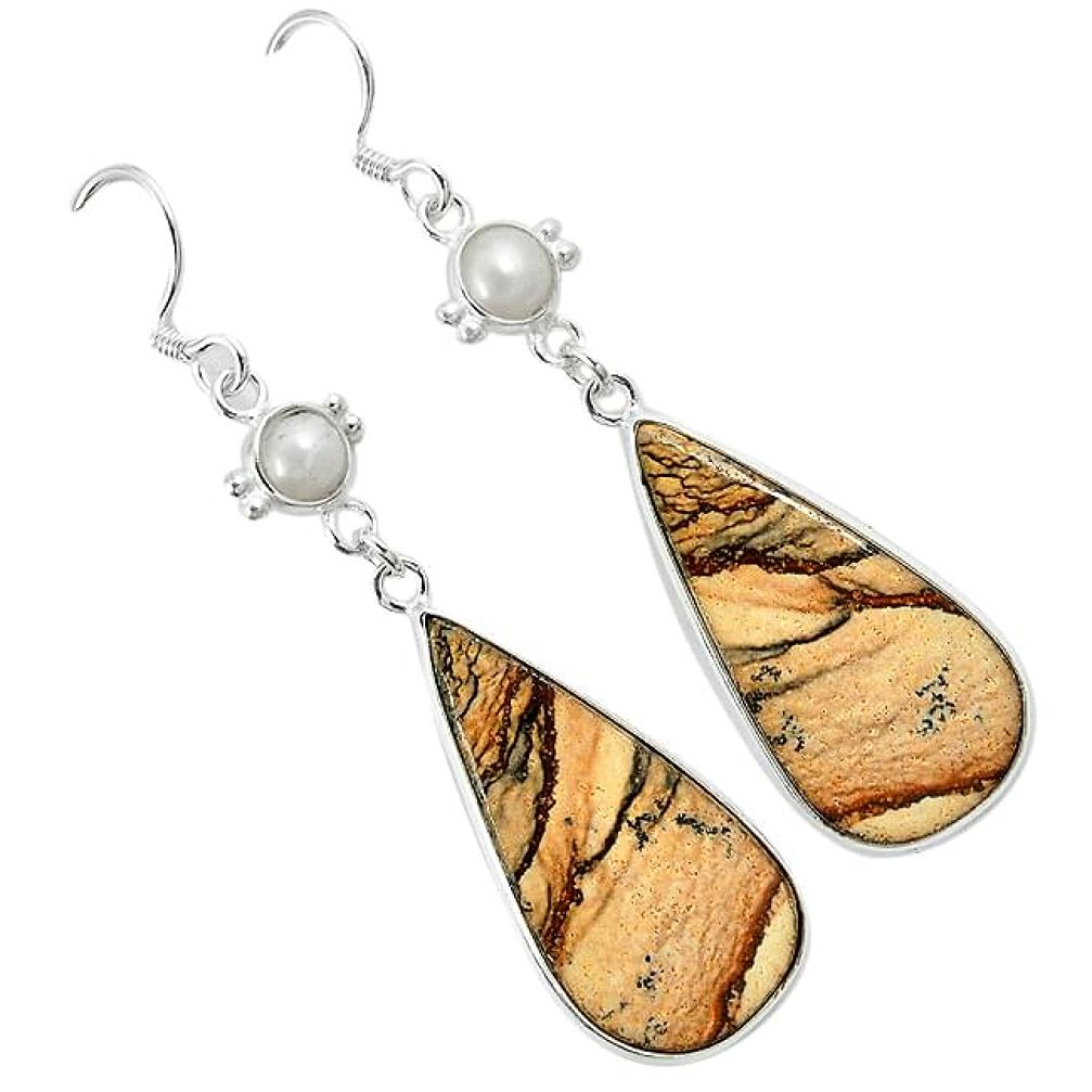 Natural brown picture jasper pearl 925 silver dangle earrings jewelry k10878