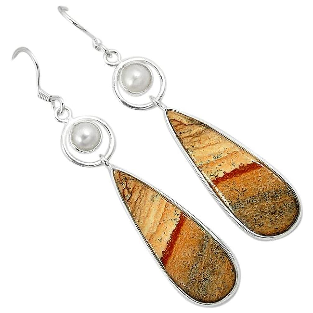 925 silver natural brown picture jasper white pearl dangle earrings k10880