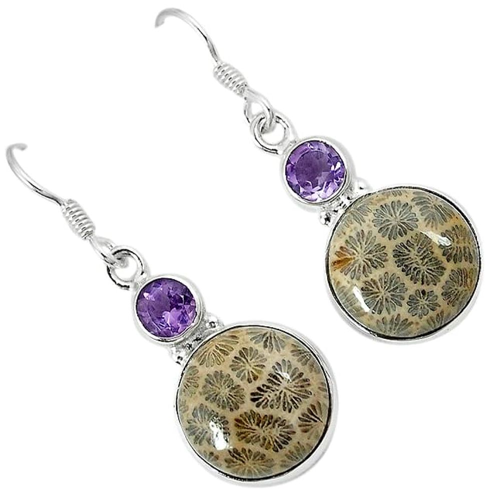 Natural black fossil coral (agatized) petoskey stone 925 silver earrings k11782