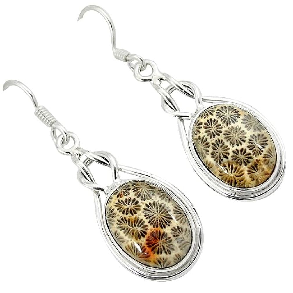 Black fossil coral (agatized) petoskey stone 925 silver dangle earrings k14302