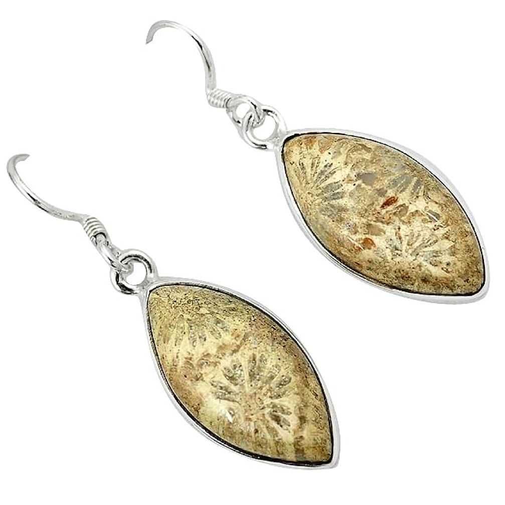 Black fossil coral (agatized) petoskey stone 925 silver dangle earrings k14304