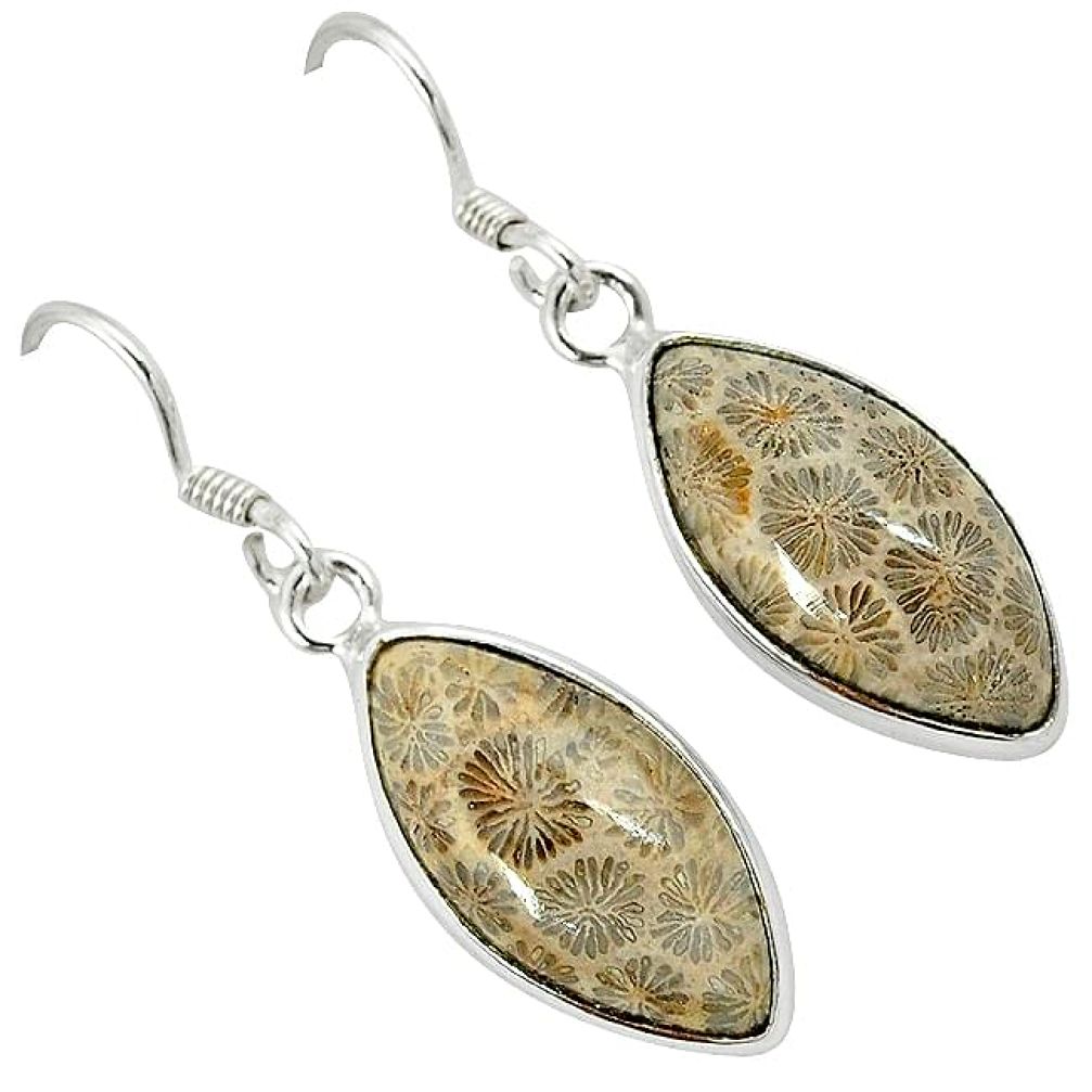 Black fossil coral (agatized) petoskey stone 925 silver dangle earrings k14305