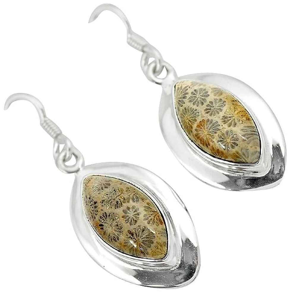 925 silver black fossil coral (agatized) petoskey stone dangle earrings k14306