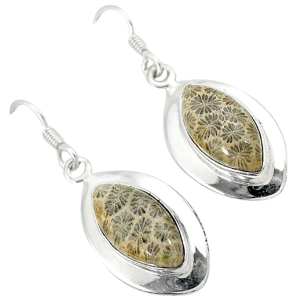 Black fossil coral (agatized) petoskey stone 925 silver dangle earrings k14307