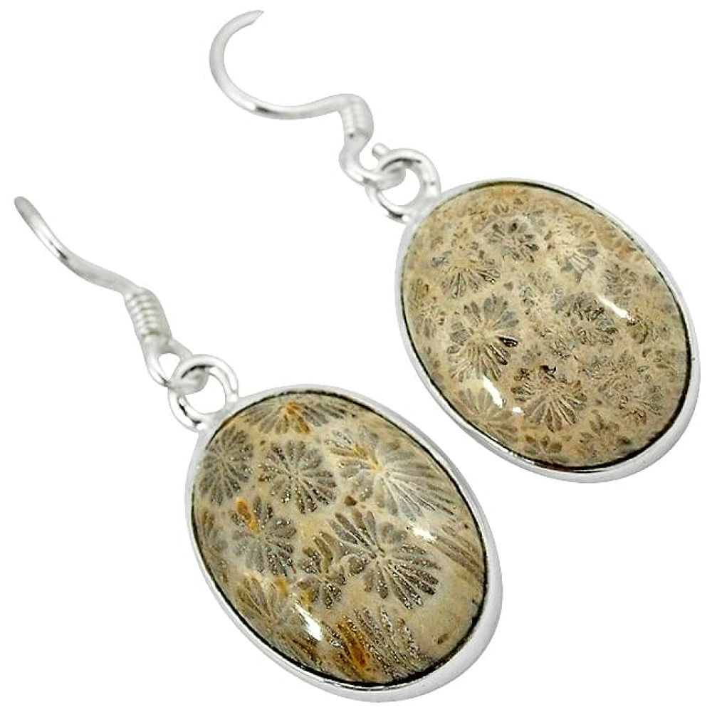 Black fossil coral (agatized) petoskey stone 925 silver dangle earrings k14310