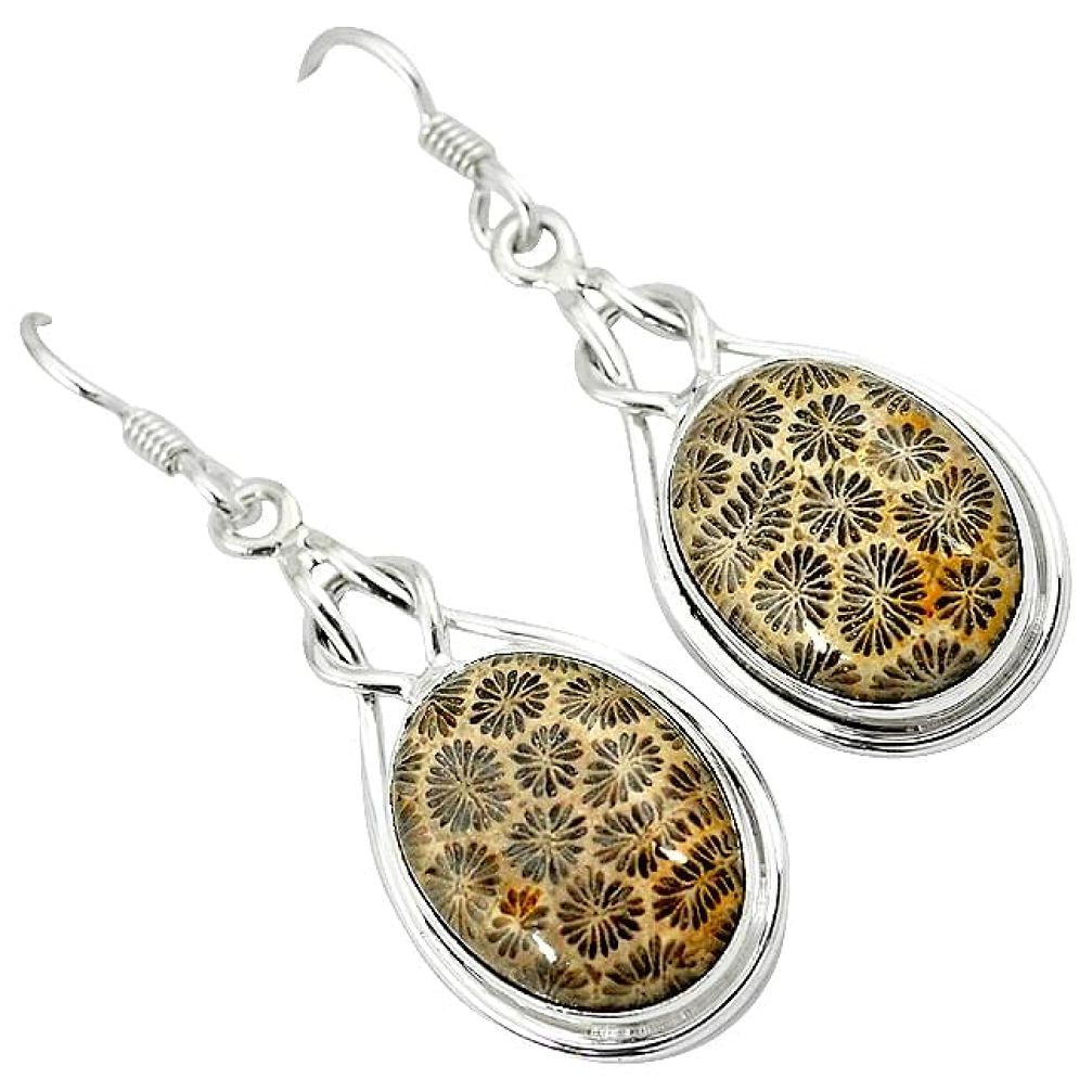 Black fossil coral (agatized) petoskey stone 925 silver dangle earrings k14311